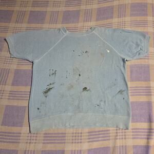Vintage 60s 70s Short Sleeve Sweatshirt Cotton Mod Atomic Baby Blue Paint Faded